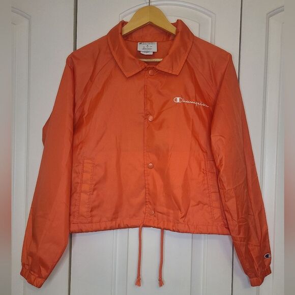 Champion Women's Heritage Coaches Jacket Script Logo Color Groovy Papaya Size M - Picture 2 of 13